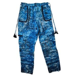 Elie Tahari Silk Pants Blue Wide Leg Drawstring‎ Pockets Tassels Flowy Boho L